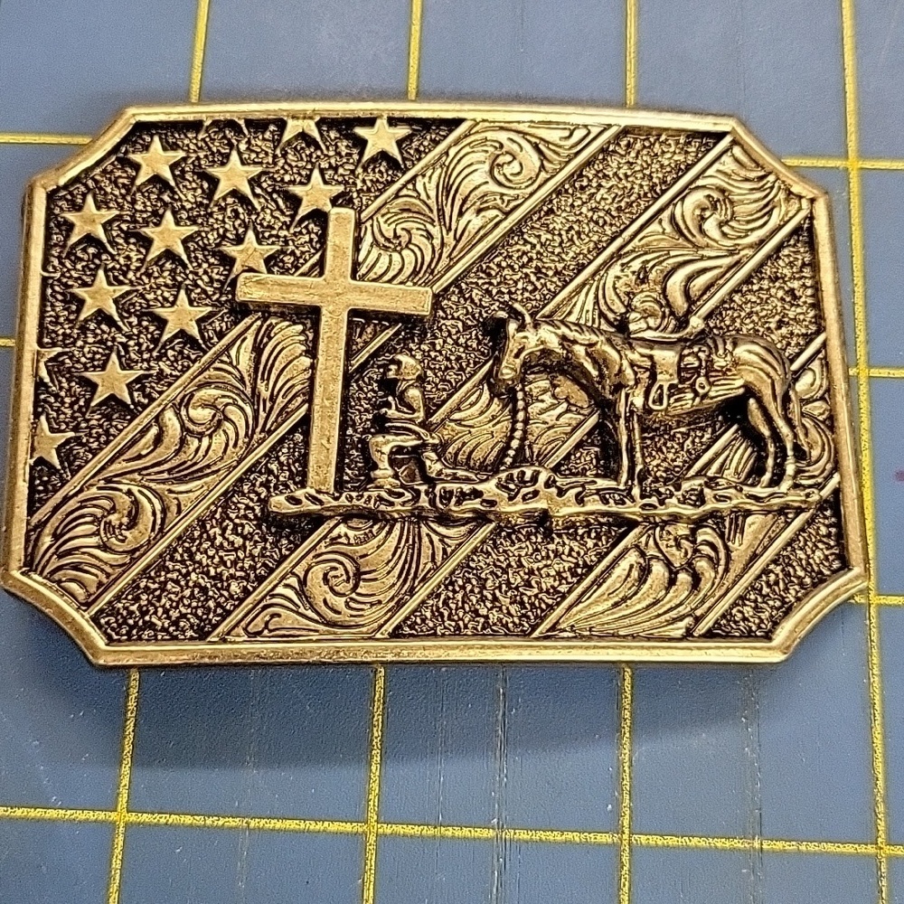 Flag Background Cowboy & Horse Praying at Cross Western Buckle Unisex 3.5 x 2.5"